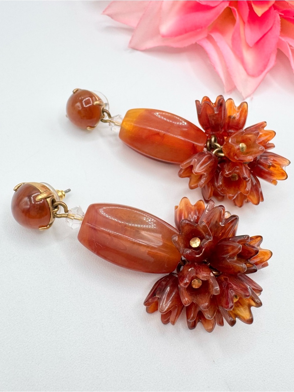 J. Crew Faux Amber Lucite Tulip Flower Cluster Drop Earrings Floral Signed